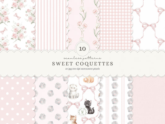 Sweet Coquettes - Seamless Patterns, Pink Digital Paper, Gingham Stripes Floral Patterns, Baby Girl | 10 JPEG