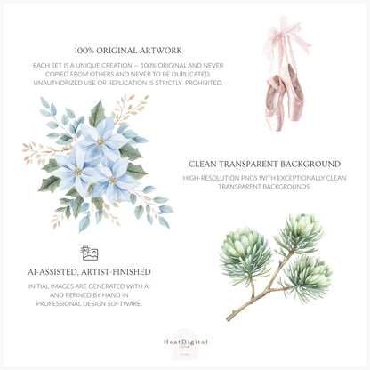 Pastel Noël - Floral Arrangements, Christmas, Soft Holiday Bouquets, Pink & Blue Greenery | 24 PNG