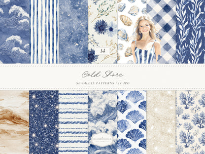 Cold Shore - Navy Seamless Patterns, Blue Stripe Coastal Design, Nautical Shell & Wave | 14 JPEG