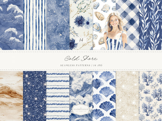 Cold Shore - Navy Seamless Patterns, Blue Stripe Coastal Design, Nautical Shell & Wave | 14 JPEG