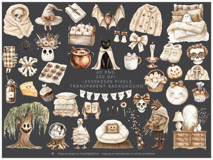 Cozy Haunt - Soft Halloween, Neutral Clipart, Autumn Ghost, Spooky | 60 PNG