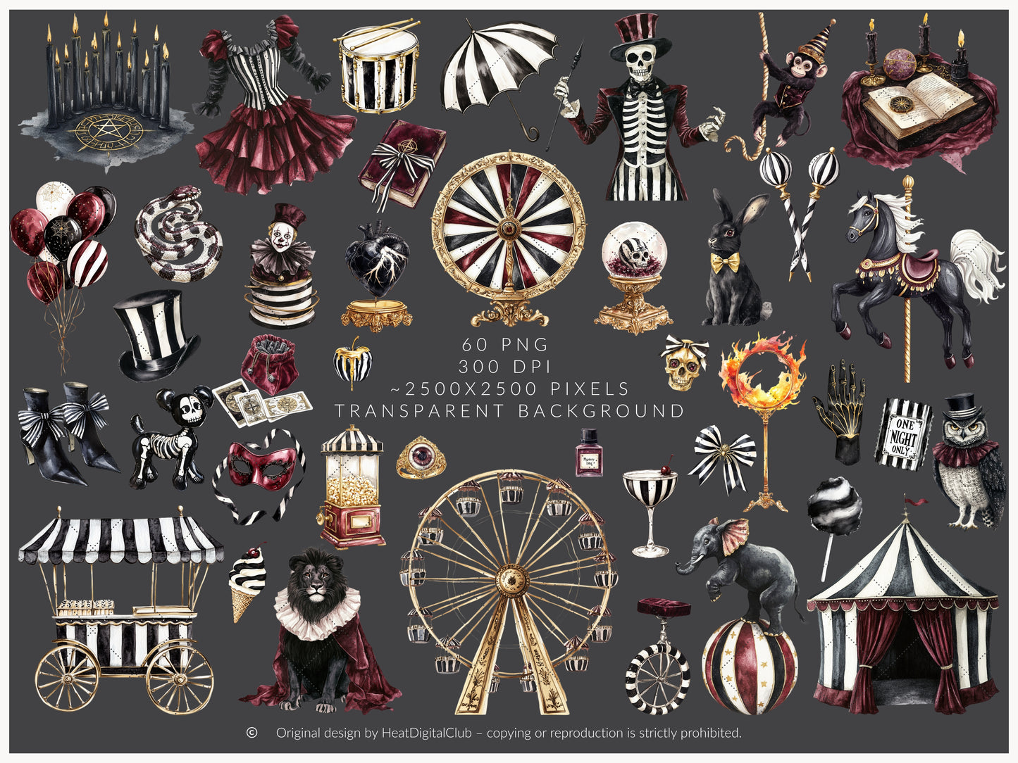 Dark Circus - Gothic Halloween, Vintage Carnival Clipart, Spooky Performer | 60 PNG