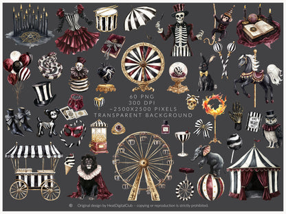 Dark Circus - Gothic Halloween, Vintage Carnival Clipart, Spooky Performer | 60 PNG