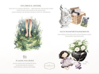 Firefly Garden - Clipart, Night Summer Garden, Moonlight, Cottagecore, Mystical Garden | 60 PNG