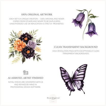 Haunted Rapunzel - Watercolor Floral Arrangements,Gothic Halloween Pumpkins | 20 PNG