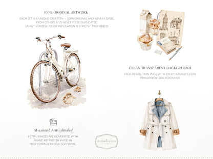 Gentle Fall - Clipart, London Autumn, Cozy Autumn, Neutral Fall Aesthetic, Rainy Day | 60 PNG