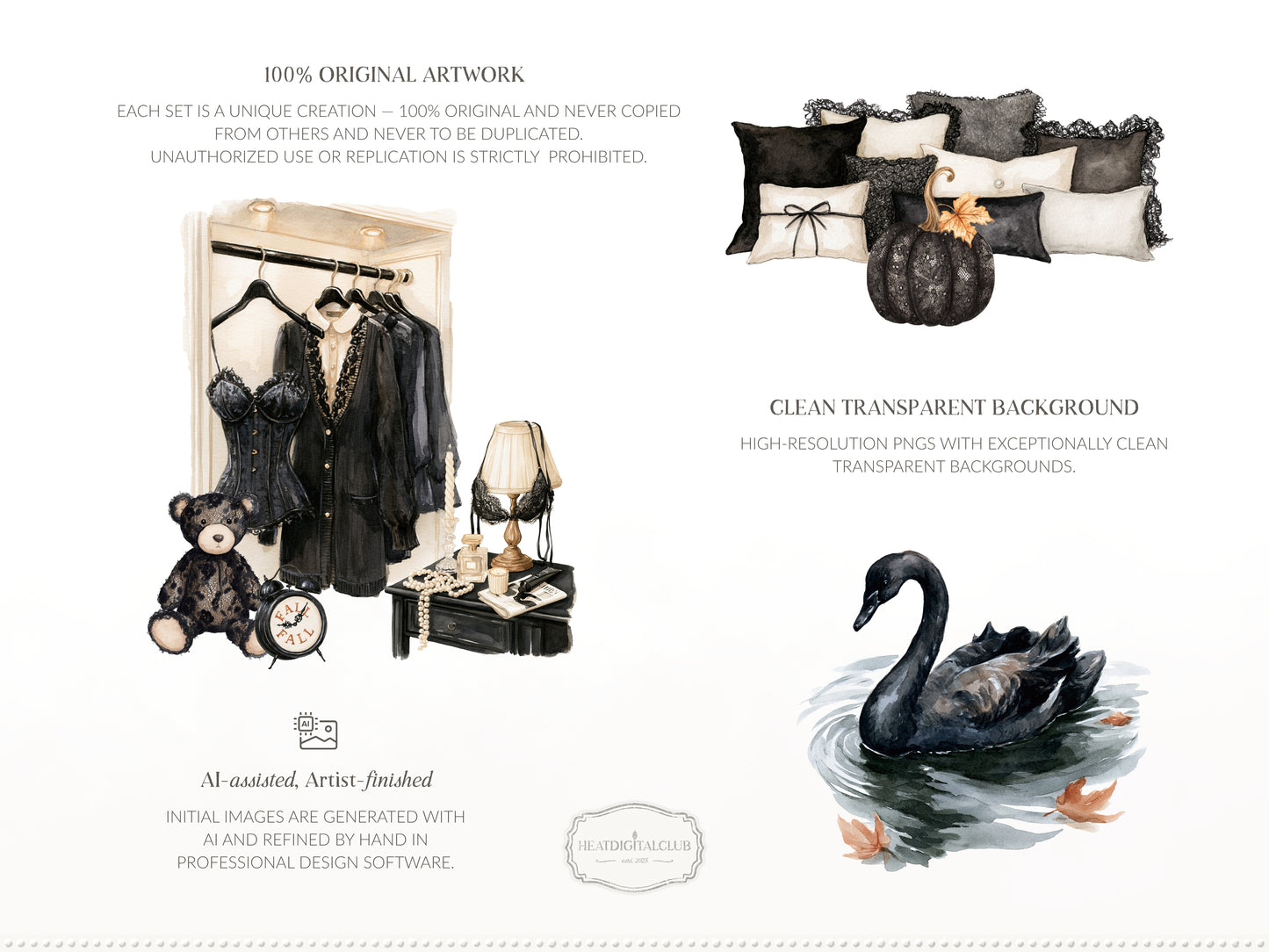 Fall After Dark - Clipart, Dark Coquette Autumn, Black Lace, Moody Rainy Autumn, Feminine Gothic | 40 PNG