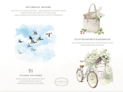 Country Spring - Clipart, Rustic Cottagecore, Strawberry Garden, French Farmhouse | 60 PNG