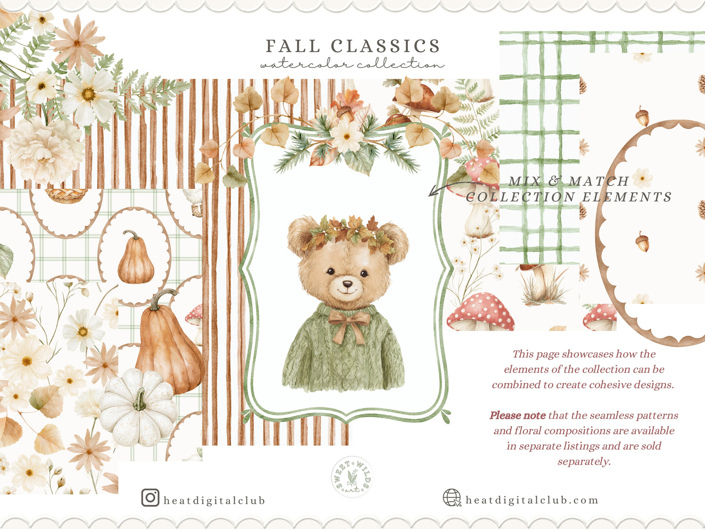 Fall Classics - Teddy Bears Clipart, Autumn Kids Animals, Goose, Fox, Pumpkins, Cozy Nursery | 60 PNG
