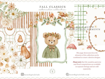 Fall Classics - Teddy Bears Clipart, Autumn Kids Animals, Goose, Fox, Pumpkins, Cozy Nursery | 60 PNG