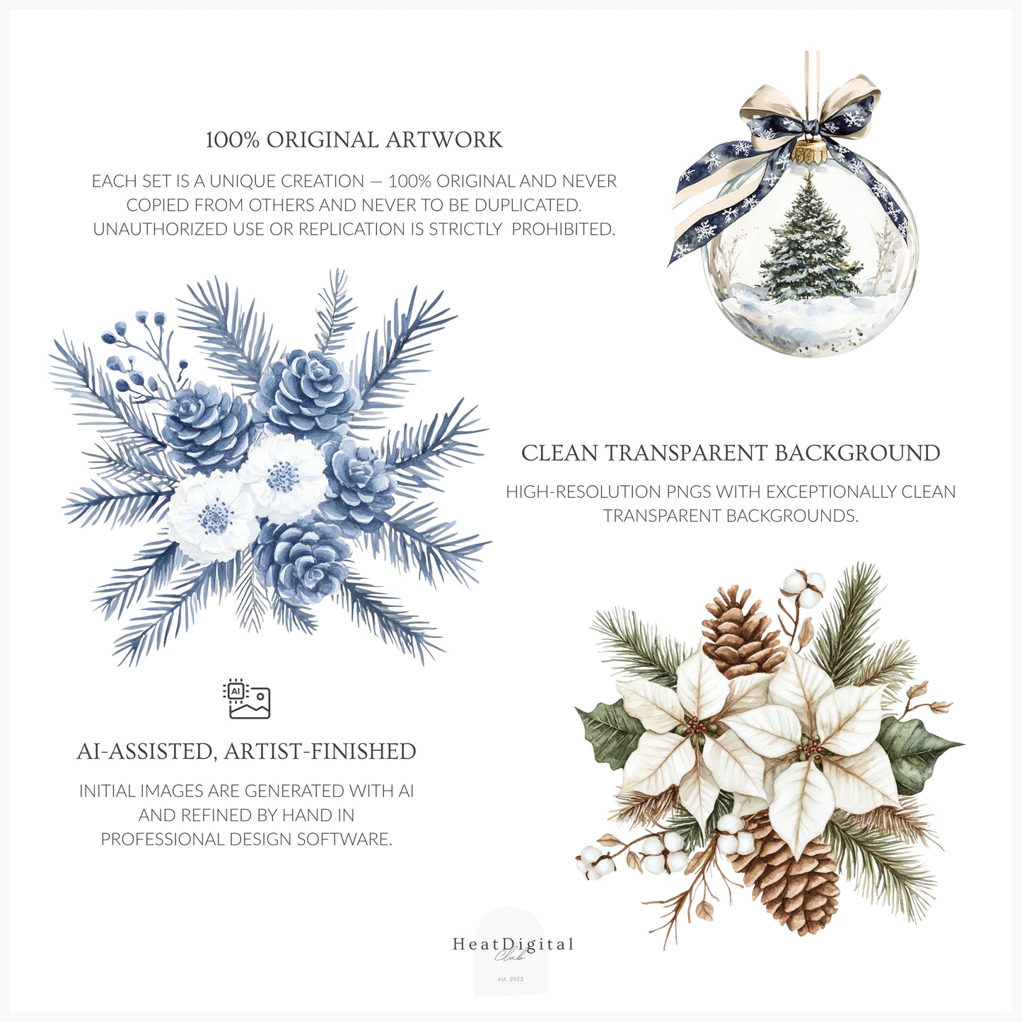 Winter Residence - Watercolor Floral Arrangements, Elegant Christmas Ornaments | 22 PNG