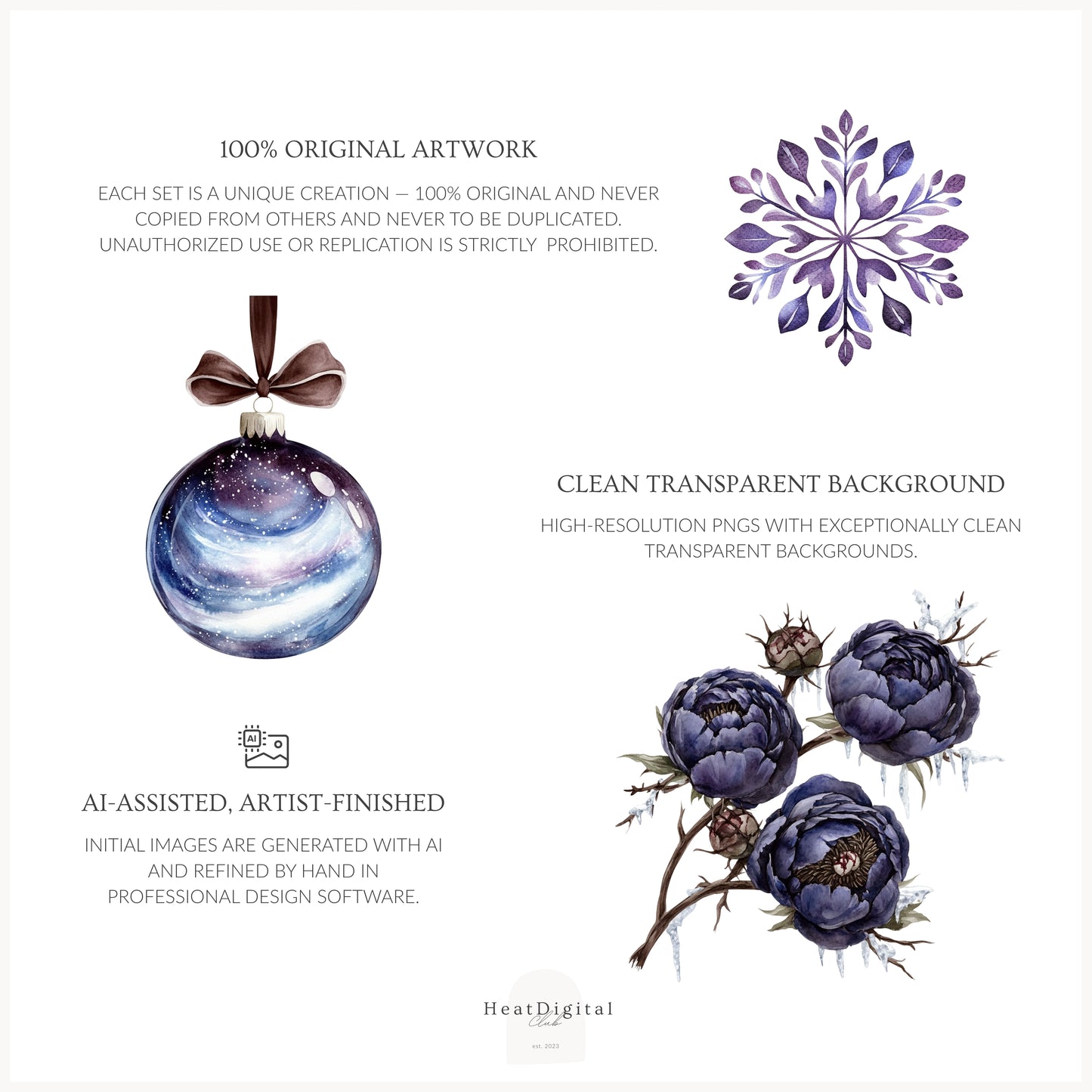 Winter Oracle - Floral Arrangements, Navy Violet Peonies, Enchanted Christmas | 20 PNG