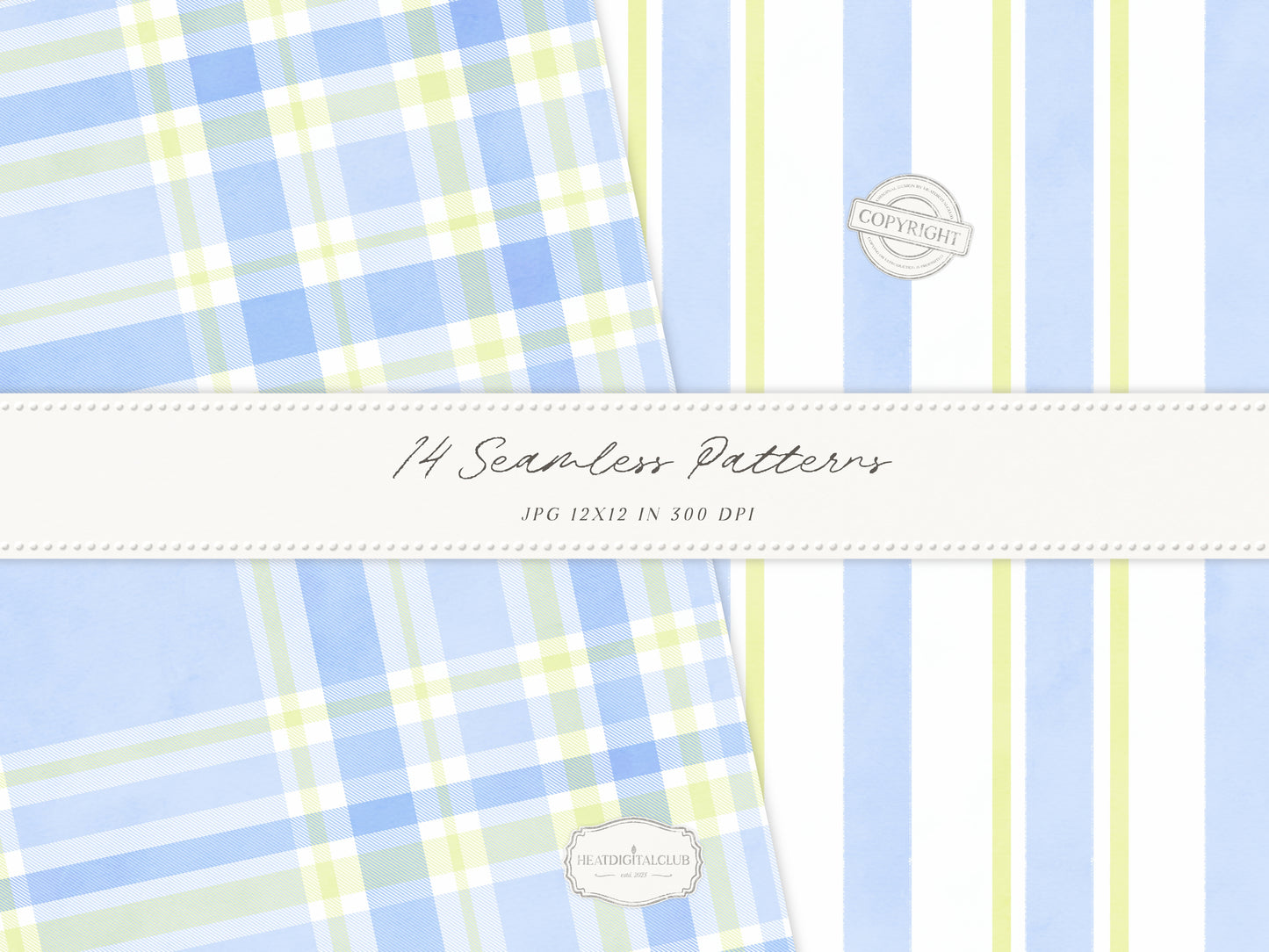 Grandmillennial Set 6 - Seamless Patterns, Italian Lemon Floral, Blue Yellow Tile, Plaid Digital Repeating Pattern | 14 JPEG