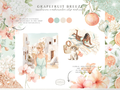 Grapefruit Breeze - Summer Clipart, Mediterranean Beach, Coastal Aesthetic, Citrus, Vacation | 60 PNG