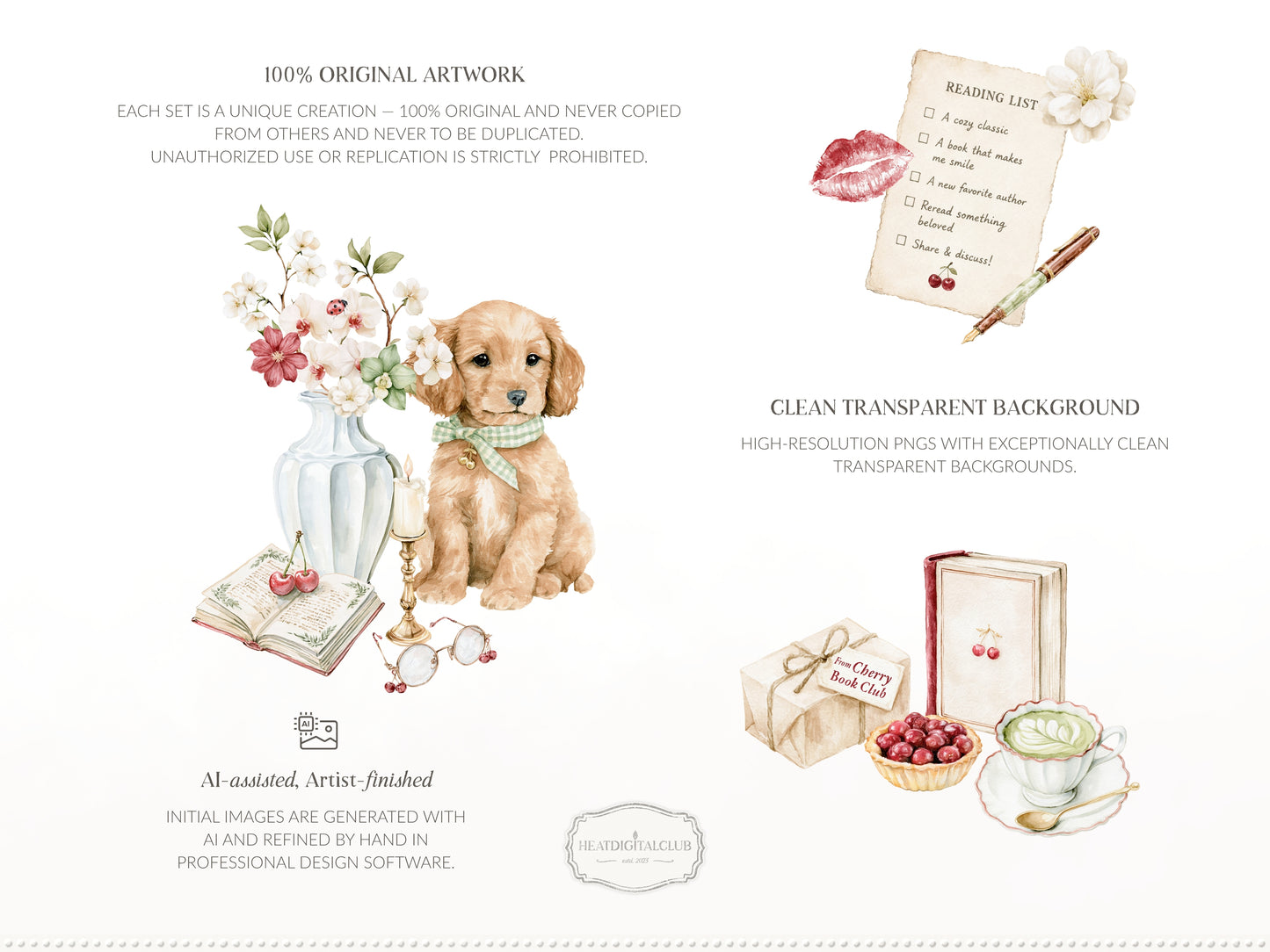 Cherry Book Club - Clipart, Bookish , Reading Girl, Matcha Latte, Cherries, Vintage Books, Seamless Patterns | 90 PNG/JPEG