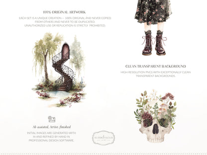 Haunted Spring - Gothic Spring Clipart, Dark Floral Clipart, Moody Spring, Cottagecore | 61 PNG