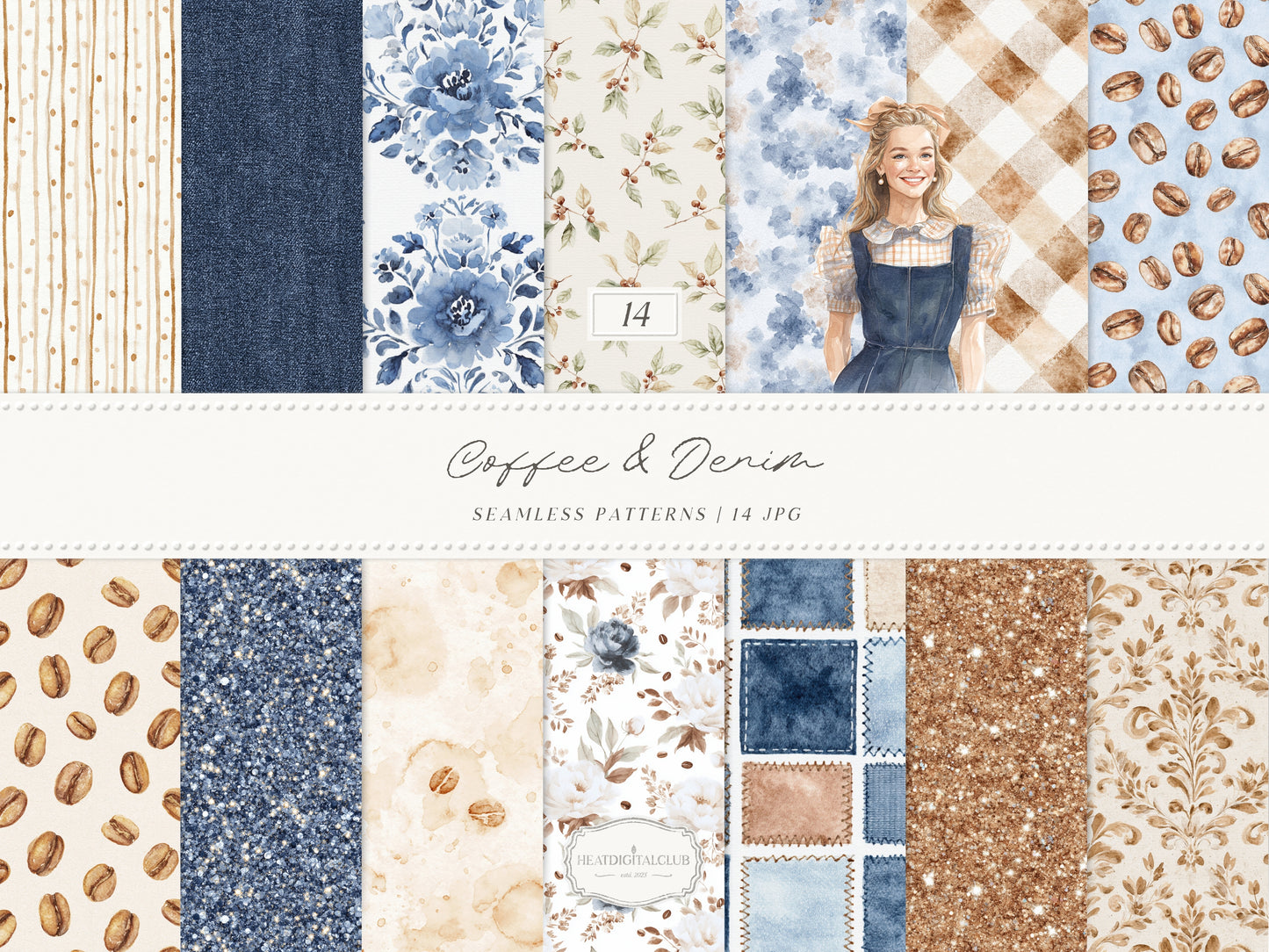 Coffee & Denim - Seamless Patterns, Textile Prints, Coffee Bean Patterns, Blue Brown Denim Fabric | 14 JPEG