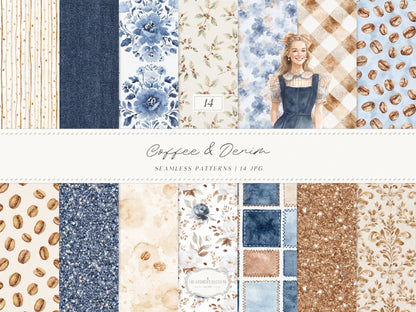 Coffee & Denim - Seamless Patterns, Textile Prints, Coffee Bean Patterns, Blue Brown Denim Fabric | 14 JPEG