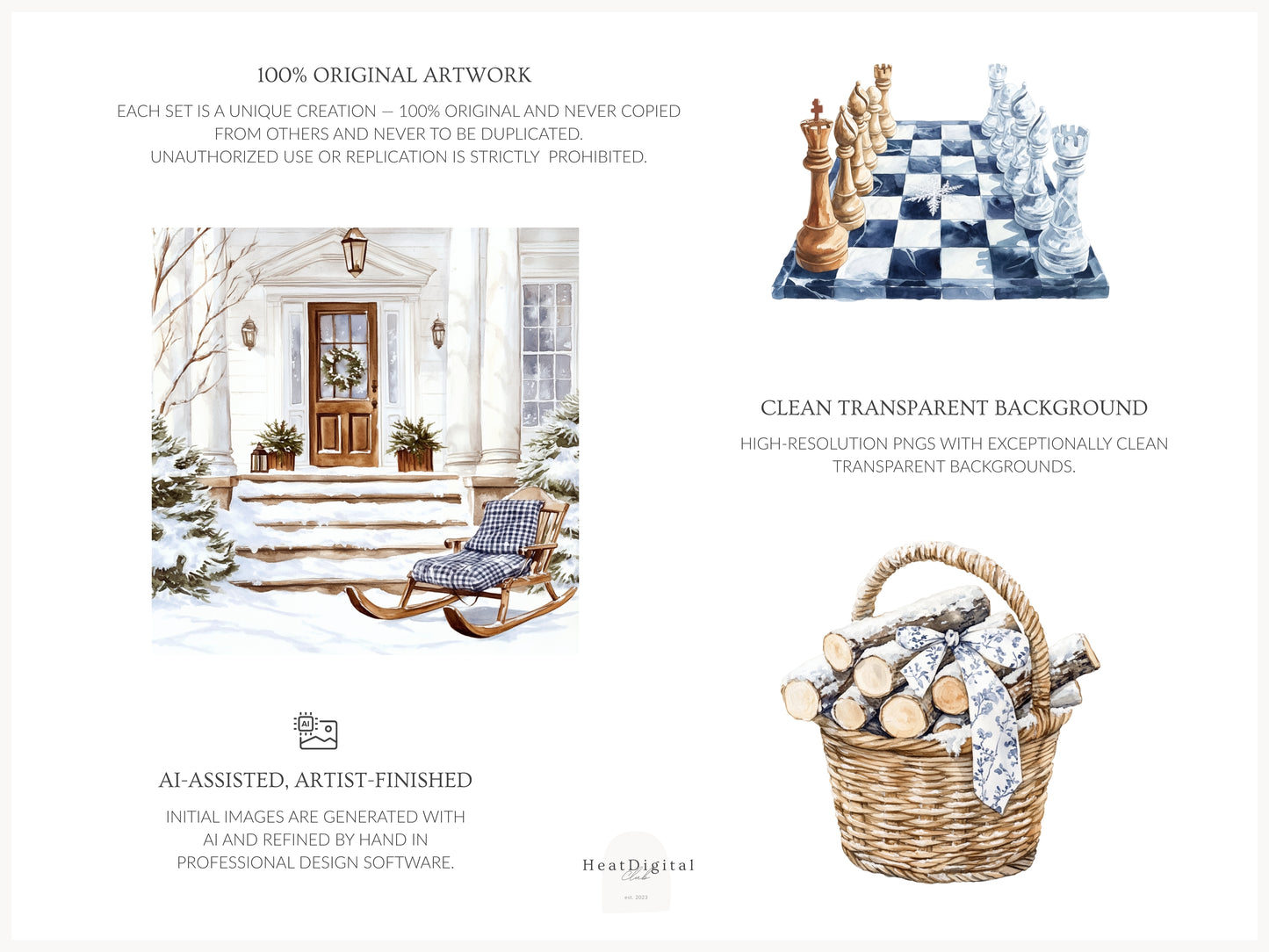 Winter Residence - Watercolor Clipart Sets, Elegant Cozy Christmas | 61 PNG