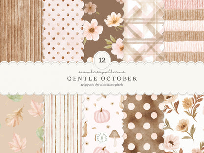 Gentle October - Watercolor Fall Seamless Patterns, Floral Plaid Collection | 12 JPEG