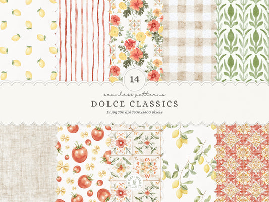 Dolce Classics - Italian Seamless Patterns, Italian Lemon Tile, Dolce Vita Backgrounds, Gingham Stripe | 14 JPEG