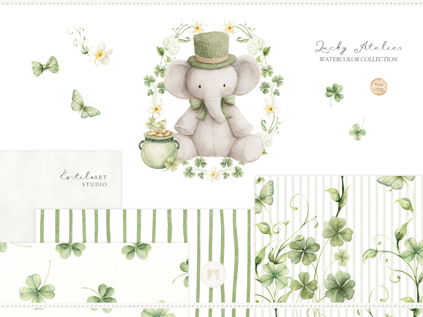 Lucky Atelier - Clipart, St Patrick’s Day Nursery, Irish Baby Toys, Clover, Green Vintage Children | 100 PNG/JPEG