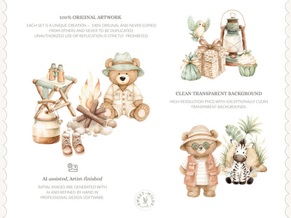 Safari Classics - Teddy Bear Clipart, Cute Jungle Animals, Baby Shower Nursery | 67 PNG