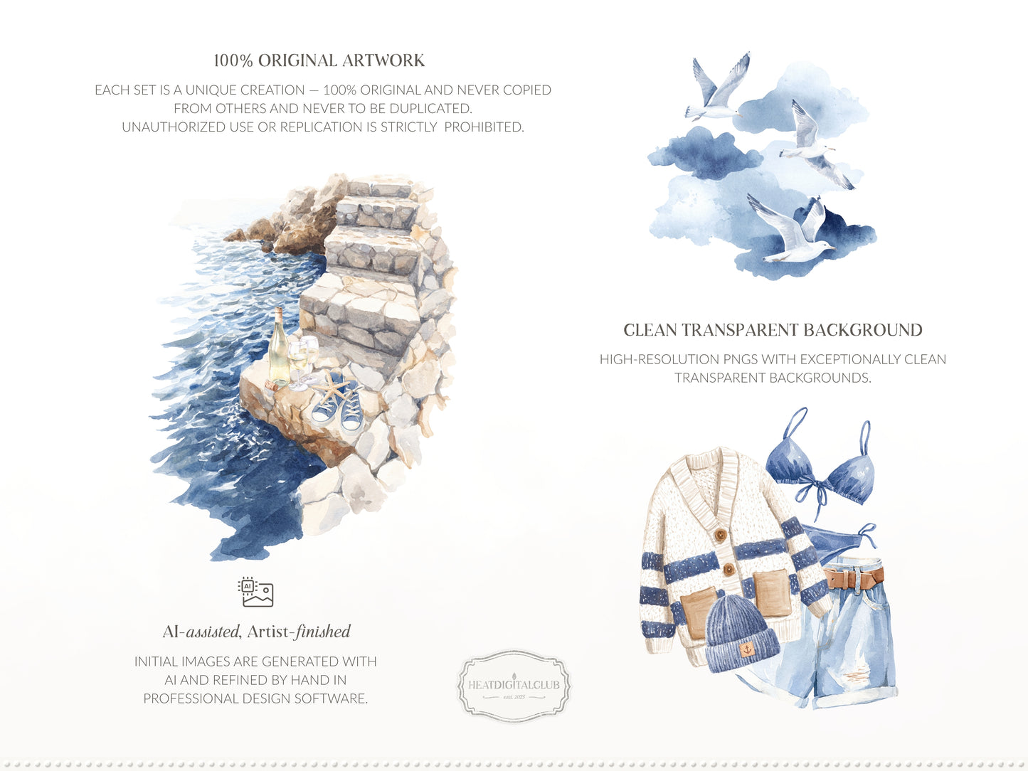 Cold Shore - Clipart, Navy Coastal Girls, Summer Beach, Nautical Graphics, Blue Sea Fashion | 60 PNG
