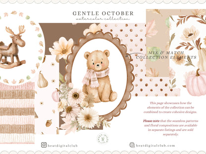Gentle October - Watercolor Fall Animals Clipart Bundle, Kids Woodland PNG Collection | 60 PNG