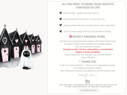 Pretty Haunting - Clipart, Black & Pink Halloween, Cozy Spooky Haunted House| 61 PNG