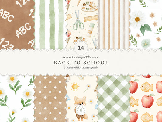 Back To School - Watercolor Seamless Patterns, Neutral School Supplies Digital Paper | 14 JPEG
