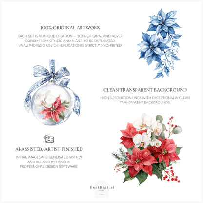 Chinoiserie Holidays - Floral Arrangements Clipart, Poinsettia, Holiday Bouquets | 20 PNG