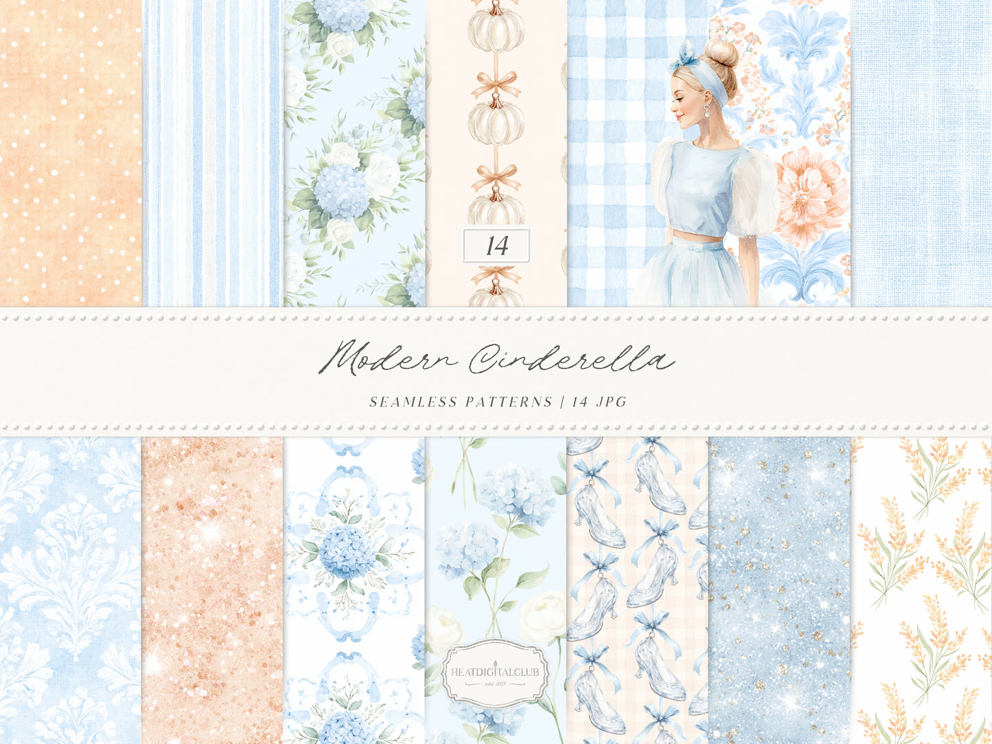 Modern Cinderella - Seamless Patterns, French Blue Floral, Hydrangea, Damask, Stripe, Gingham, Romantic | 14 JPEG