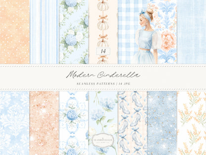 Modern Cinderella - Seamless Patterns, French Blue Floral, Hydrangea, Damask, Stripe, Gingham, Romantic | 14 JPEG