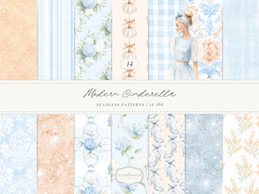 Modern Cinderella - Seamless Patterns, French Blue Floral, Hydrangea, Damask, Stripe, Gingham, Romantic | 14 JPEG