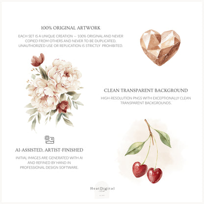 Cherry in Love - Valentine's Day Floral Arrangements Clipart, Valentine Peonies , Romantic | 25 PNG