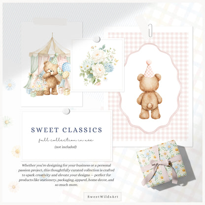 Sweet Classics - Teddy Bear Clipart Bundle, Pastel Birthday Toys, Cute Baby Animals, Nursery | 108 PNG/JPEG