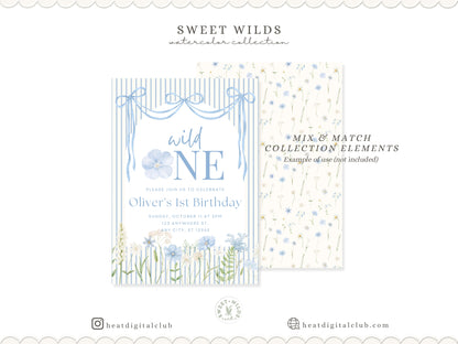 Sweet Wilds - Flowers Clipart, Meadow Flowers, Light Blue Floral, Wildflower Baby Shower | 70 PNG/JPEG