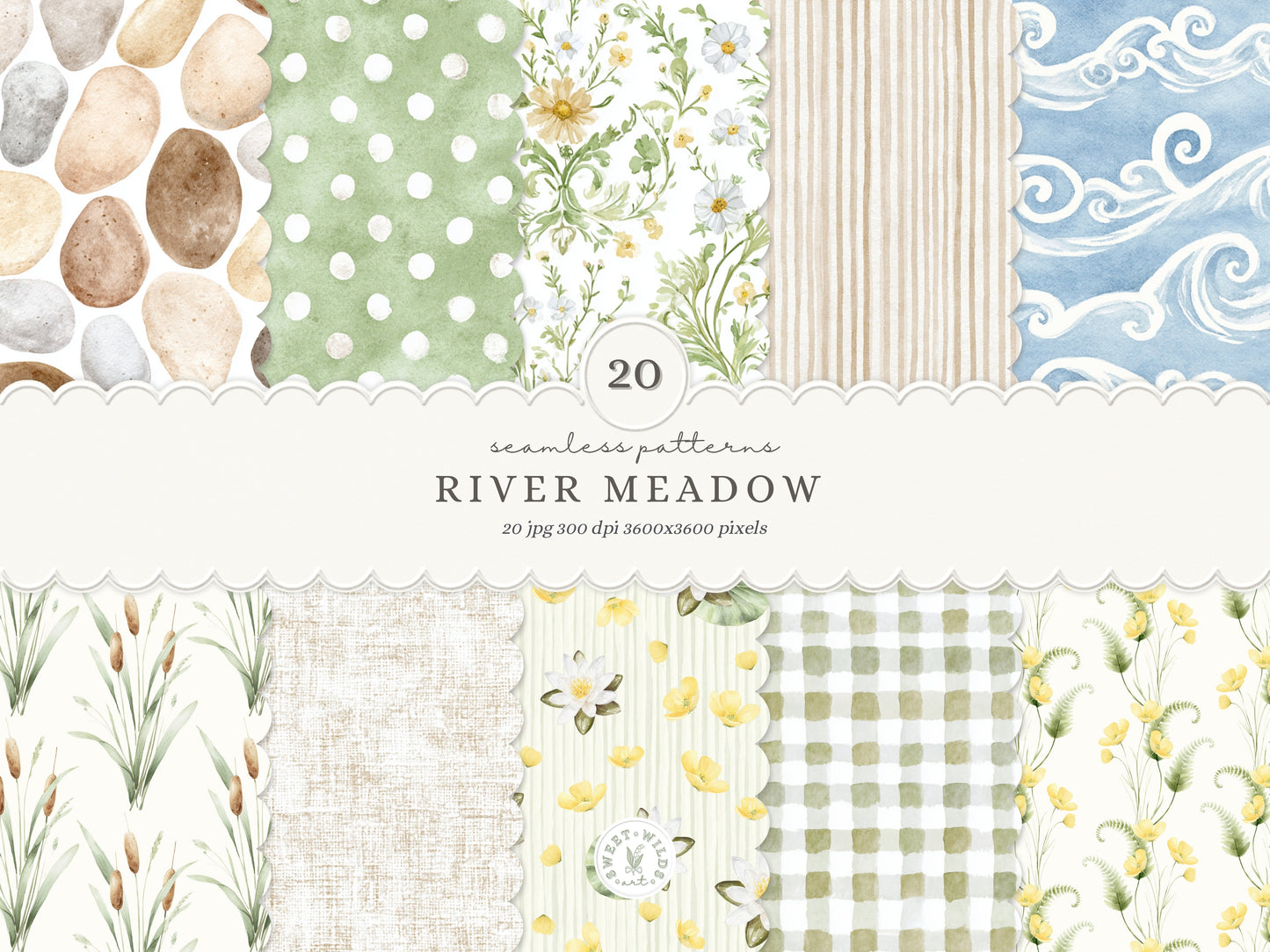 River Meadow - Seamless Patterns, Gingham, Stripes, Floral Pattern, Cottage, Summer Spring | 20 JPEG