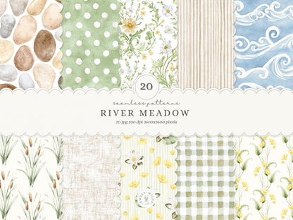 River Meadow - Seamless Patterns, Gingham, Stripes, Floral Pattern, Cottage, Summer Spring | 20 JPEG