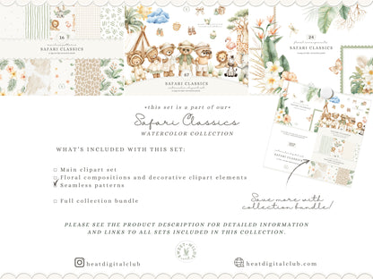 Safari Classics - Seamless Patterns, Animals, Jungle Nursery Digital Paper, Tropical Leaves | 16 JPEG