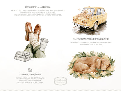 Beloved Fall - Autumn Clipart, Cozy Fall Elements, Pumpkin Clipart, Cottage Fall | 60 PNG