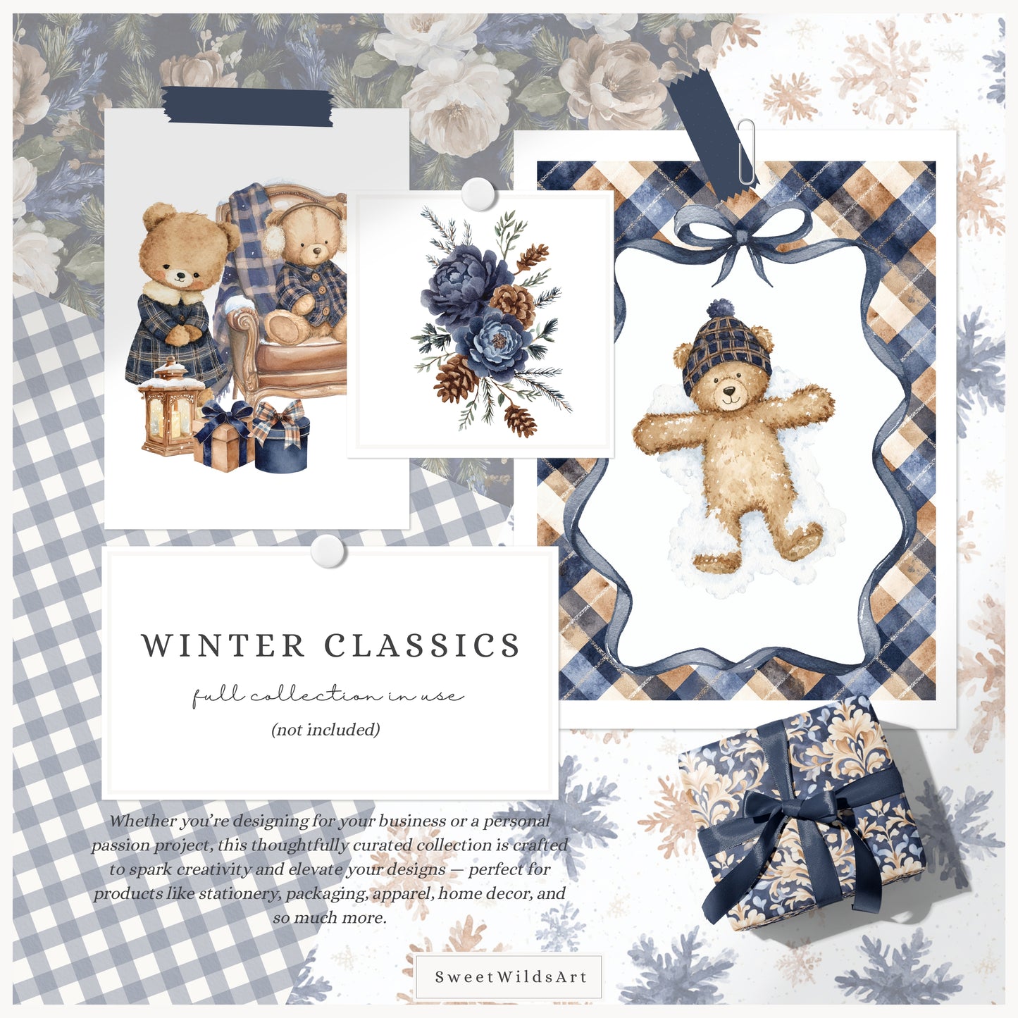 Winter Classics - Teddy Bears Clipart, Tartan Holiday, Cute, Festive Nursery, Animals | 110 PNG/JPEG