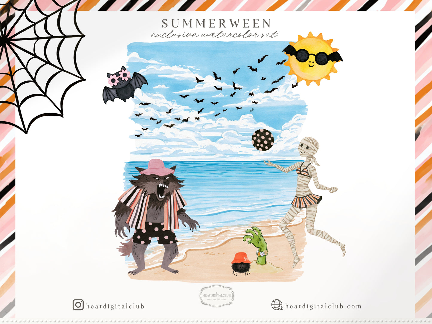 Summerween - Clipart Bundle, Halloween Summer, Spooky Beach Party, Pink Orange Black, Seamless Patterns | 96 PNG/JPEG