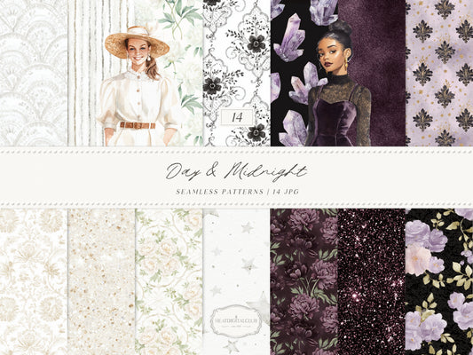 Day & Midnight - Seamless Patterns, Romantic Ivory Dark Floral Patterns, Velvet, Lace, Stars and Peony | 14 JPEG