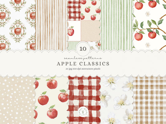 Apple Classics - Seamless Patterns, Apple Orchard Digital Paper, Gingham Pattern, Nursery Scrapbook Paper | 10 JPEG