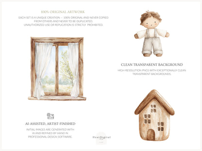 Rustic Atelier - Clipart Set, Cottagecore Plush Toys, French Country Nursery, Neutral Baby | 84 PNG