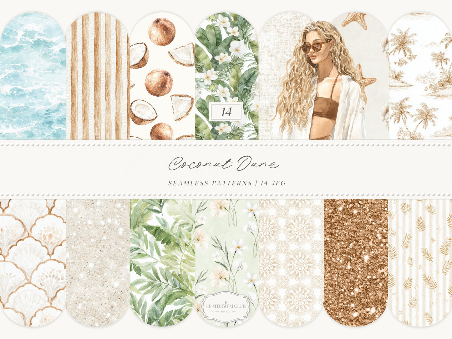 Coconut Dune - Tropical Seamless Patterns, Neutral Beach Patterns, Palm Leaves, Coastal Summer | 14 JPEG