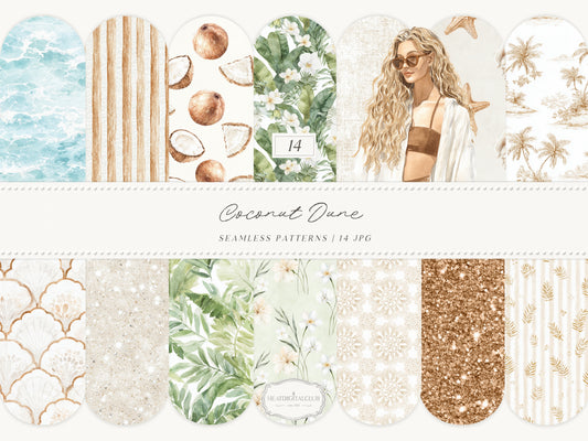 Coconut Dune - Tropical Seamless Patterns, Neutral Beach Patterns, Palm Leaves, Coastal Summer | 14 JPEG
