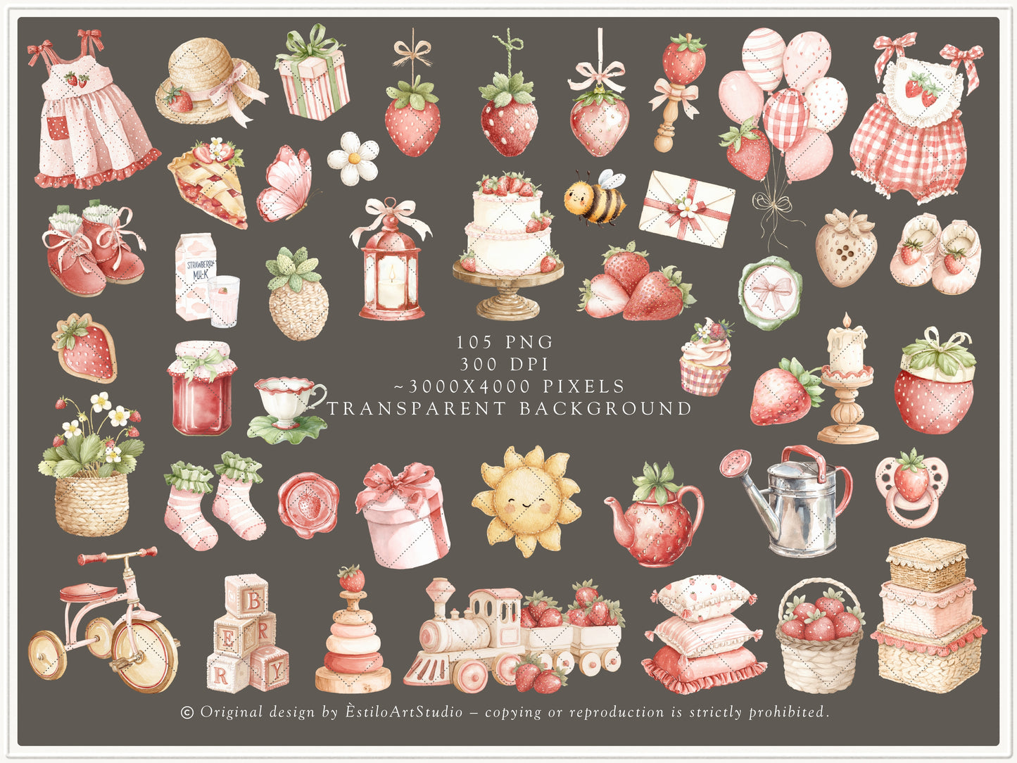 Strawberry Atelier - Bundle Clipart, Cottagecore Nursery, Baby Girl Birthday, Heirloom Toys, Spring | 119 PNG/JPEG